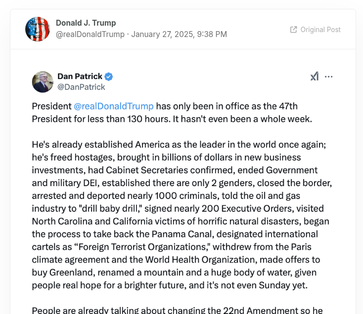 Trump's reshare of a Dan Patrick post, January 27, 2025 (shown in part).