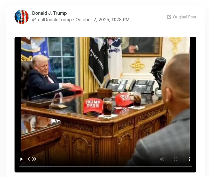 Trump's AI video post, October 2, 2025 (opening frame).