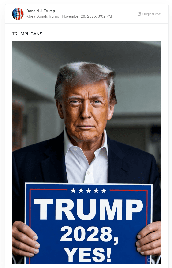 Trump's post, November 28, 2025. The image is AI-generated.