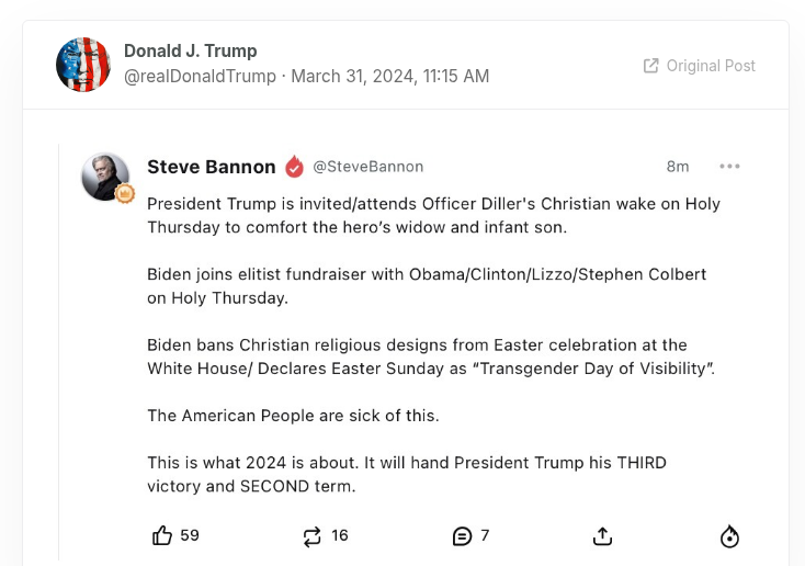Trump's reshare of a Steve Bannon Truth, March 31, 2024.
