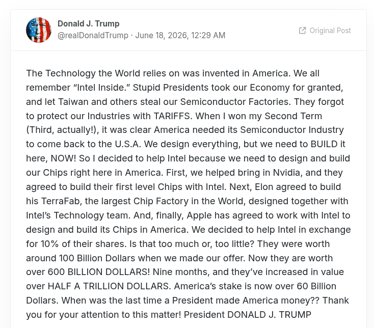 Trump's post, June 18, 2026, 12:29 AM. Verified against the archive.